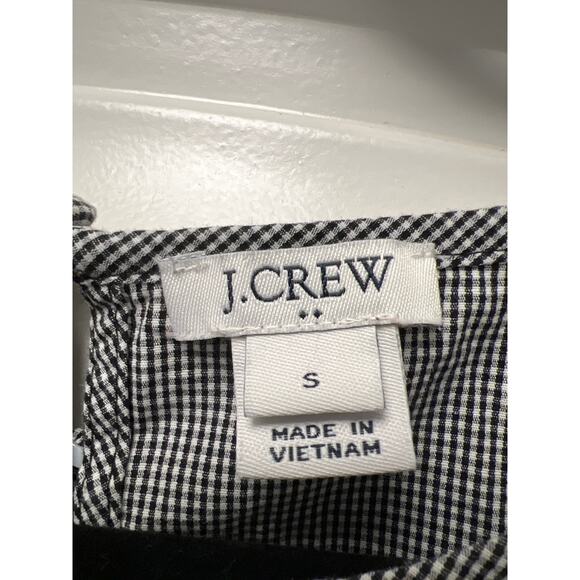 J. Crew Women’s Tie Bell Sleeves Crew Neck Gingham Plaid Top Size S Black White - Picture 2 of 4